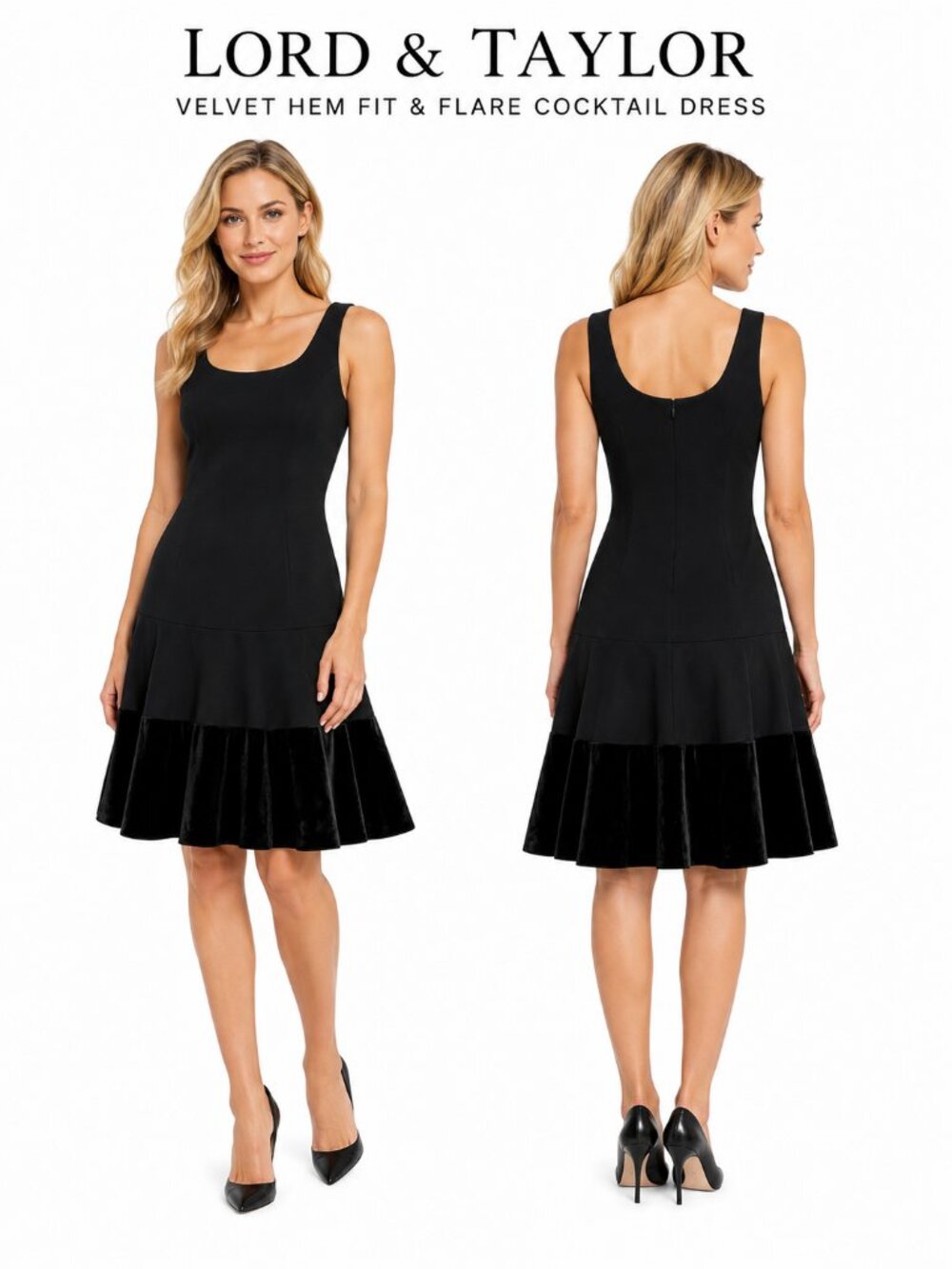 Lord & Taylor Velvet Hem Fit & Flare Cocktail Dress Women's Black Size 8 Elegant